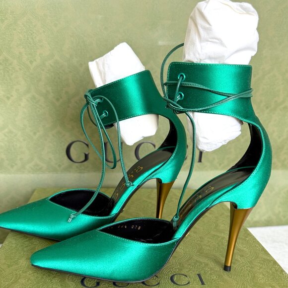 GUCCI 752966 Priscilla Emerald Green Satin Strap Gold Stiletto Heel 36+, US 6.5 - Picture 13 of 16